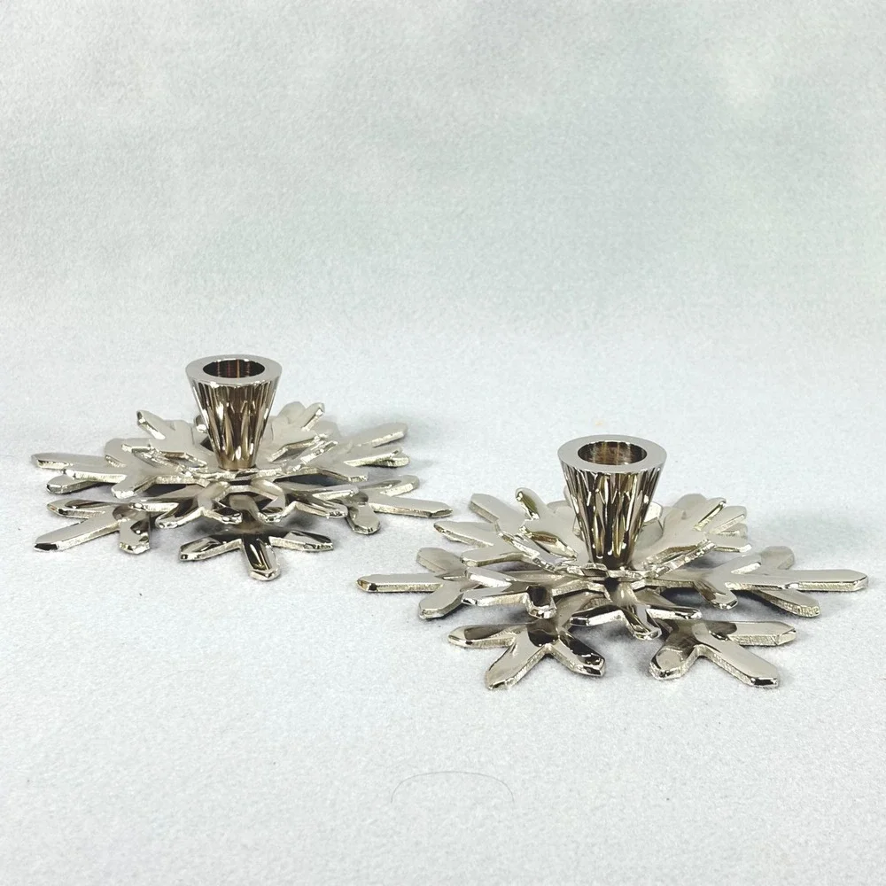 Crate & Barrel Pair Shiny Snowflake Taper Candle Holders Silver Festive Holiday